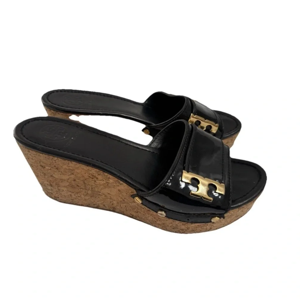 Tory Butch wedge Sandal I Black Leather Slipon size 9.5